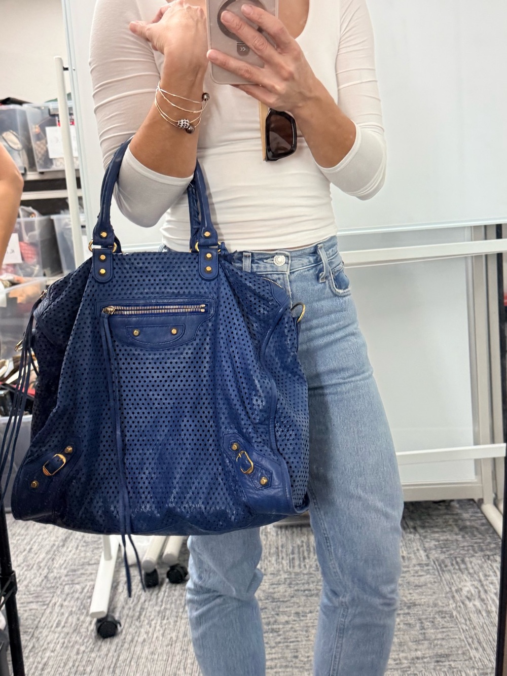 Balenciaga 2013 Blue Cross Perforated Lambskin Motorcycle City Bag (large) - Picture 3 of 17